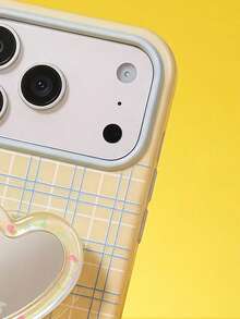 ShellaStory Heart-Shaped Mirror Stand Compatible With Apple 17PM Phone Case Compatible With Iphone 16, Suitable For 15, High-Appearance 14, Soft 17, Fresh Checkered Fashion, Personalized, Girl, Creativity, Simple Style, Fresh And Simple, Niche, Ins Style - Yellow - View 3