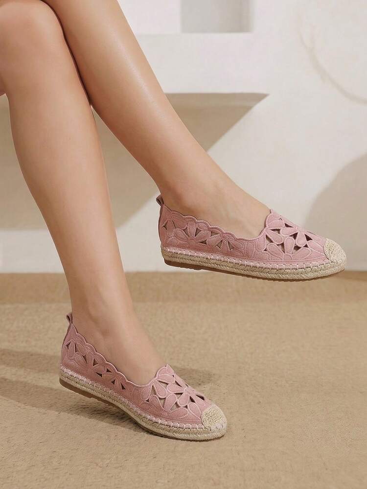 Styleloop Pink Flower Embroidery Hollow Straw Rope Round Toe Flat Bottom Fisherman Shoes, Mori Pastoral Style, Outdoor Picnic, Bohemian Vacation Style, Summer - Pink - View 9