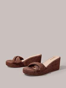 Styleloop Ladies Shoes, Linen Texture, Brown, Open-Toed, Wedge Sandals, Retro Style, Suitable For Summer French Casual Vacation Wear - Brown - View 3