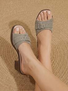 Styleloop Metal Buckle Thick Heel Mules Women, Square Toe High Heel Sandals, Retro Versatile Open-Toed Women's Shoes - Light Grey - View 2