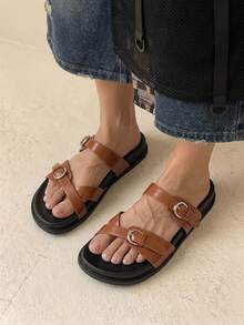 HighSole Ladies Spring And Summer Brown Casual Simple Two-Word Buckle Home Outdoor Walk Comfortable Flat Bottom Sandals - Brown - View 6