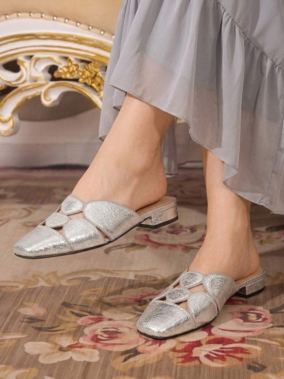 CUCCOO TILAWA Women's Classic Hollow Silver Mule Half-Slip-On Shoes