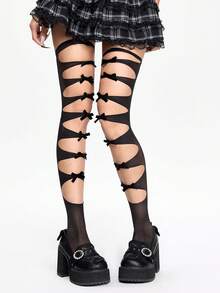 ROMWE Goth 1 Pair Hollow Bow Tie Lace-Up Over-The-Knee Socks, JK Adult High Tube Socks, Elastic Thin Long Socks - Black - View 7