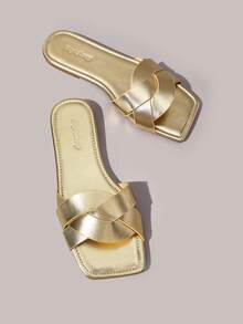Styleloop Sandal Wanita Klasik Sederhana Bergaya Fashion dengan Ujung Persegi, Desain Minimalis, Tali Tipis, Kombinasi Tali, Gaya Liburan, Sepatu Komuter, Luar Ruangan, dan Liburan Musim Panas - Emas - View 3