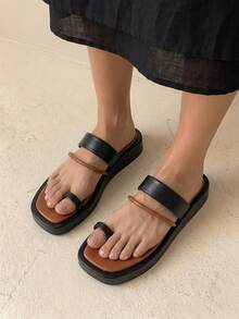 HighSole Women Shoes Color Matching Toe Ring Design Open Toe Thick Sole Flat Heel Simple Elegant Fashion Versatile   Women Sandals Slippers Commuting Shopping Vacation Wear Summer - Black brown - View 6
