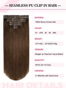 Seamless Clip Ins Extensiones de cabello humano Remy con clips invisibles, 8 piezas, 110g-120g, extensiones de cabello humano con clips en la cabeza completa - S4 - Ver 4