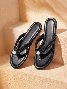 HighSole Women's Pearl Round Toe Flat Elegant Summer Black Upper Flat Toe-Post Slippers - Black - View 5