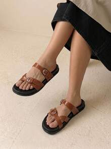 HighSole Ladies Spring And Summer Brown Casual Simple Two-Word Buckle Home Outdoor Walk Comfortable Flat Bottom Sandals - Brown - View 7