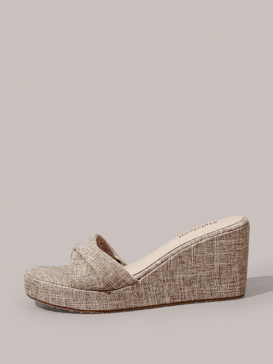 Styleloop Ladies Shoes, Linen Texture, Khaki, Open-Toe, Wedge Sandals, Retro Style, Suitable For Summer French Casual Vacation Wear - Khaki - View 1