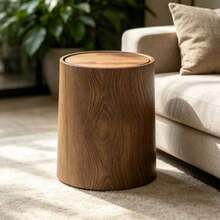 Faux Wood Grain Flip Lid Trash Can, Cylindrical Lid Waste Bin, Home Decor - Multicolor - View 4