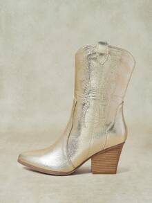 Styleloop 女款尖頭高跟側拉鍊秋冬靴 PU 西部風短靴 鑲鑽女靴 - 金色 - 查看 10