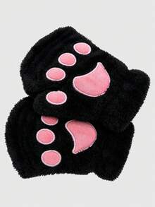 ROMWE Kawaii 1 Pair Cute Plush Cat Paw Fingerless Gloves - Black - View 8