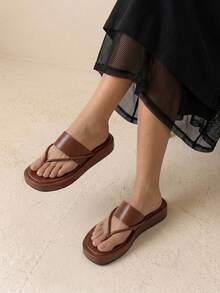 HighSole Women's Minimalist Strap Design Square Toe Platform Slip-On Sandals, Brown, Soft & Comfortable, Non-Slip, Suitable For Casual, Commuting, Shopping, Beach, Vacation, Versatile Summer Outfit Summer Shoes - Brown - View 8