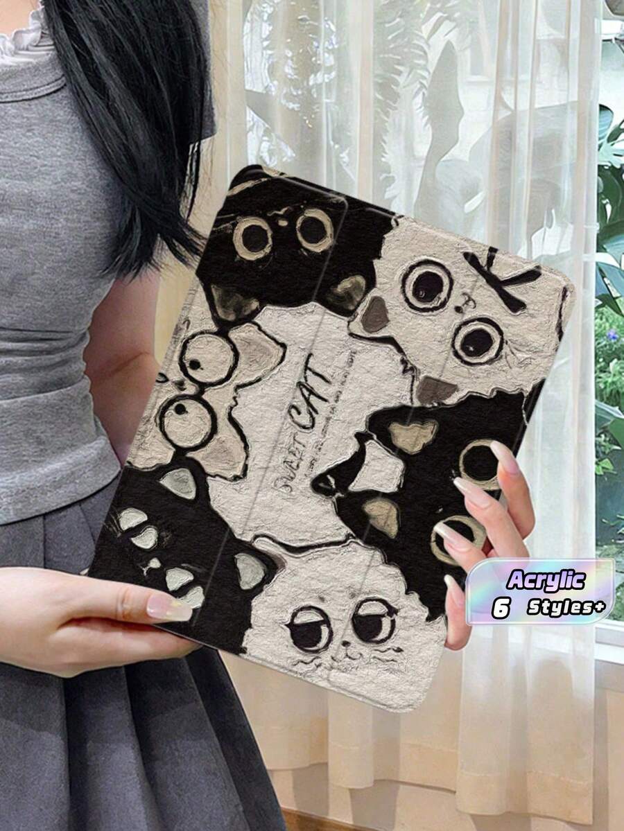 1 buah Casing Akrilik Motif Kucing Hitam Putih, Penutup Tidur Otomatis dengan Slot Pena, Penyangga Multi-Sudut - MultiWarna - View 1