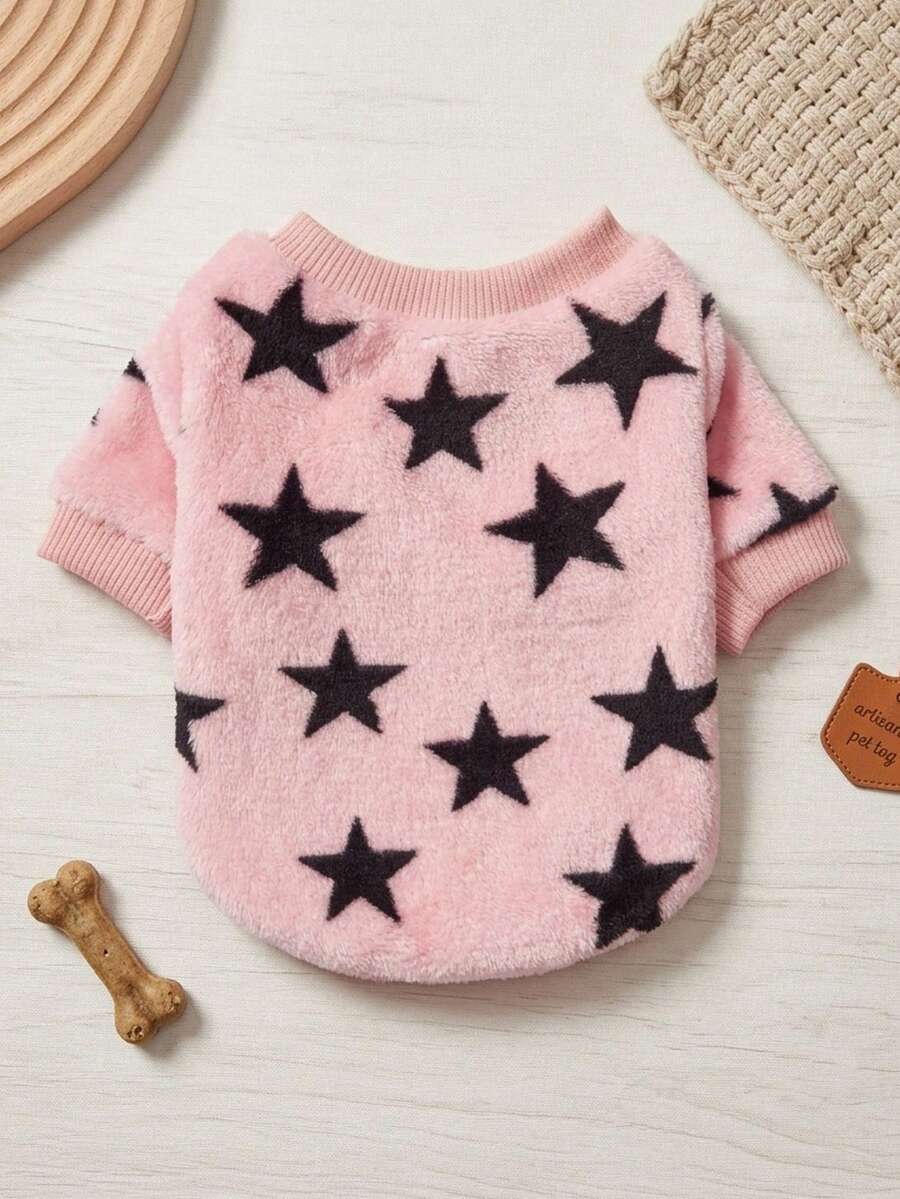 PETSIN 1 Pc Unisex Pet Star Print Warm Crew Neck , Pink Flannel - Multicolor - View 1