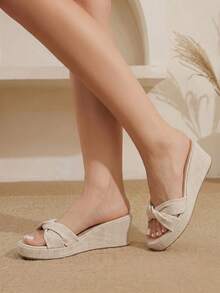 Styleloop Ladies Shoes, Linen Texture, Beige, Open-Toed, Wedge Sandals, Retro Style, Suitable For Summer French Casual Vacation Wear - Beige - View 9