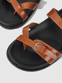 HighSole Ladies Spring And Summer Brown Casual Simple Two-Word Buckle Home Outdoor Walk Comfortable Flat Bottom Sandals - Brown - View 3