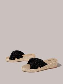 Styleloop Spring And Summer Casual Hemp Rope Bottom Black Polka Dot Women's Slope Heel Platform Sandals Slippers Daily Commute Simple Vacation Travel Pastoral B - Black - View 9