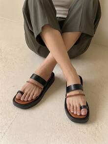 HighSole Women Shoes Color Matching Toe Ring Design Open Toe Thick Sole Flat Heel Simple Elegant Fashion Versatile   Women Sandals Slippers Commuting Shopping Vacation Wear Summer - Black brown - View 8