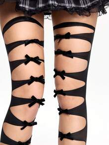 ROMWE Goth 1 Pair Hollow Bow Tie Lace-Up Over-The-Knee Socks, JK Adult High Tube Socks, Elastic Thin Long Socks - Black - View 6