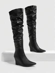 CUCCOO SZL Fashion Pointed Wedge Heel Black PU Face Ultra High Boots Big Box Pile Boots Pleated Boots Sexy Party Banquet Nightclub High Heel Ladies Over Knee Boo Fall Shoes - Black - View 1