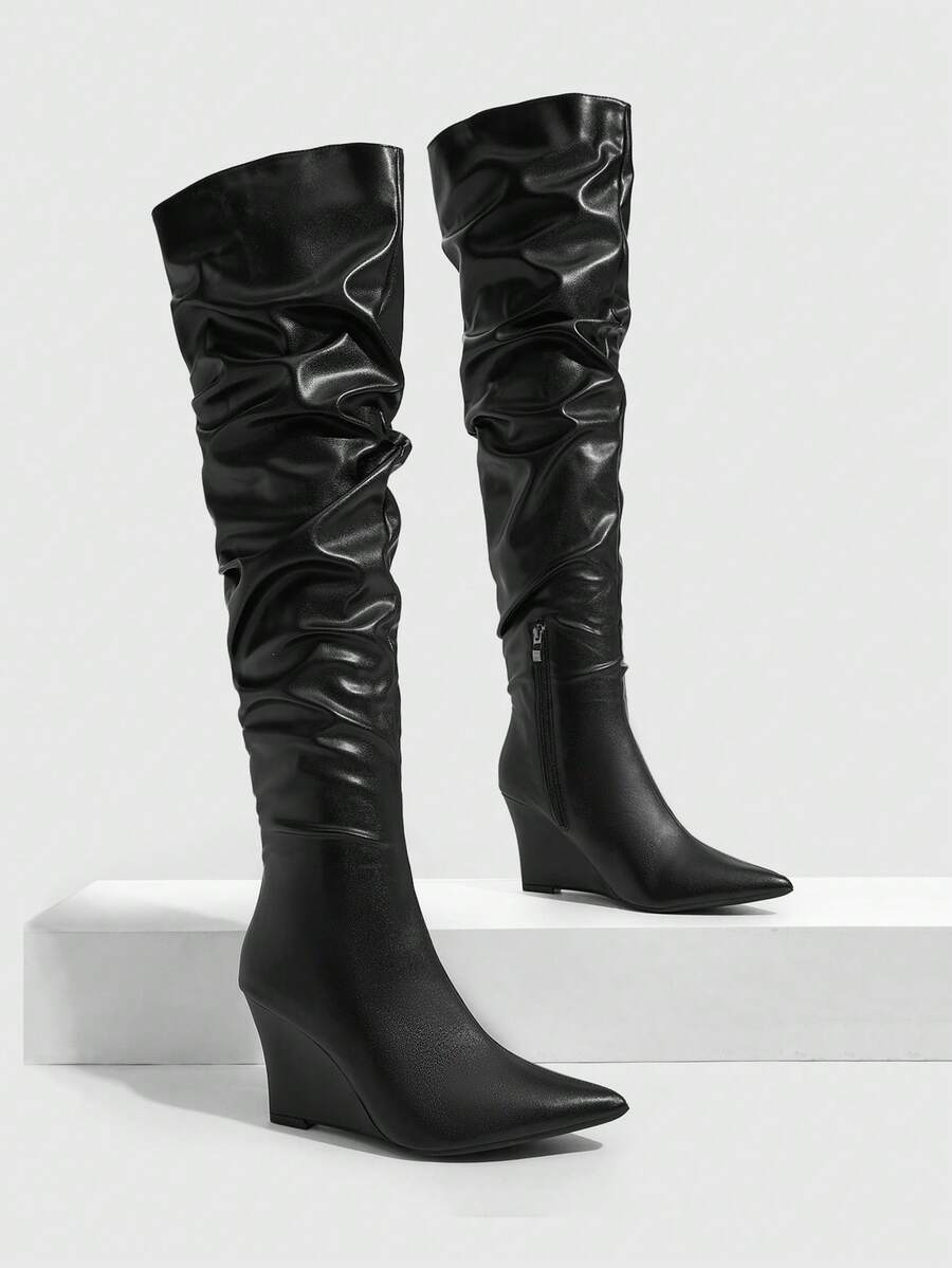 CUCCOO SZL Fashion Pointed Wedge Heel Black PU Face Ultra High Boots Big Box Pile Boots Pleated Boots Sexy Party Banquet Nightclub High Heel Ladies Over Knee Boo Fall Shoes - Black - View 1