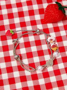 Strawberry Shortcake X SHEIN New Creative Cartoon Pattern Printing Bracelet, IP Joint Design, Lovely Personalized, Simple And Generous, Can Also Be Used As Accessories - Platinum - View 3