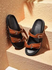 HighSole Ladies Spring And Summer Brown Casual Simple Two-Word Buckle Home Outdoor Walk Comfortable Flat Bottom Sandals - Brown - View 5