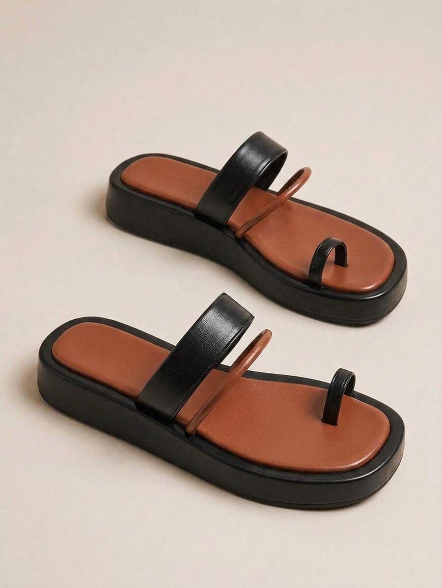 HighSole Women Shoes Color Matching Toe Ring Design Open Toe Thick Sole Flat Heel Simple Elegant Fashion Versatile Women Sandals Slippers Commuting Shopping Vacation Wear Summer - Black brown - View 1