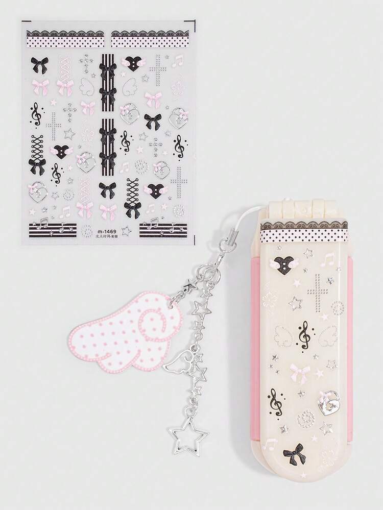 ROMWE Anime 1Set Y2K Star Musical Note Decor Mini Comb Mirror Set, Cute Folding Airbag Hair Brush, Back‑To‑School Portable DIY Hair Comb Kit - White pink - View 8