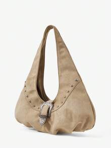 Viva Strut Women's Fashion Simple Personalized Street Sweet Cool Girls Y2K Suede Retro Hardware Buckle Rivet Decorative Shoulder Bag, Daily School Shopping - Khaki - View 3