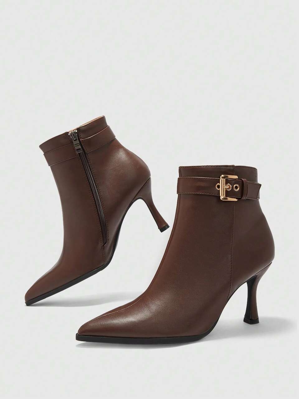 CUCCOO BIZCHIC Women's Ankle Strap Square Buckle Pointed Thin Heel Short Boots Black Side Zipper High Heels And Ankle Boots Commuting Daily Versatile Style