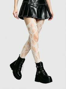ROMWE Goth 高彈性酒紅色性感女款破洞連身褲 網襪褲襪緊身褲 - 純奶白色 - 查看 5
