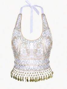 Sequin Embroidered Cropped Top Belly Dance Costume, Metal Disk Tassel Fringe Festival Outfit, Party Rave Stage Performance Wear For Women, Multicolor Options - Multicolor - View 17
