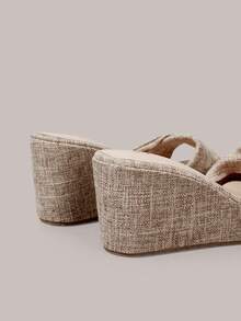 Styleloop Ladies Shoes, Linen Texture, Khaki, Open-Toe, Wedge Sandals, Retro Style, Suitable For Summer French Casual Vacation Wear - Khaki - View 6