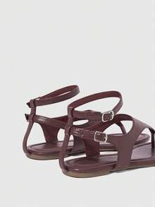HighSole 女士搭扣设计，百搭时尚平底凉鞋 - 棕色 - 查看 4