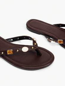 Grefit Ladies' Elegant Summer Brown PU-Faced Flat-Bottomed Slippers - Brown Z - View 15