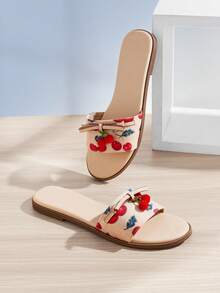 Solezae Women Cherry Fruit Print Slip-On Open Toe Everyday Summer Dreamy Cute PU Flat Sandals - Multicolor - View 1