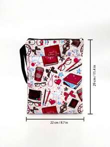 1PC Washable Multifunctional Zippered Book Cover Sleeve Vintage Book Coffee Cup Print Girly Stationery Glasses Bow Watch Heart Pattern Portable Protective Storage Bag For Students Teachers Book Lovers - Single Piece - View 7
