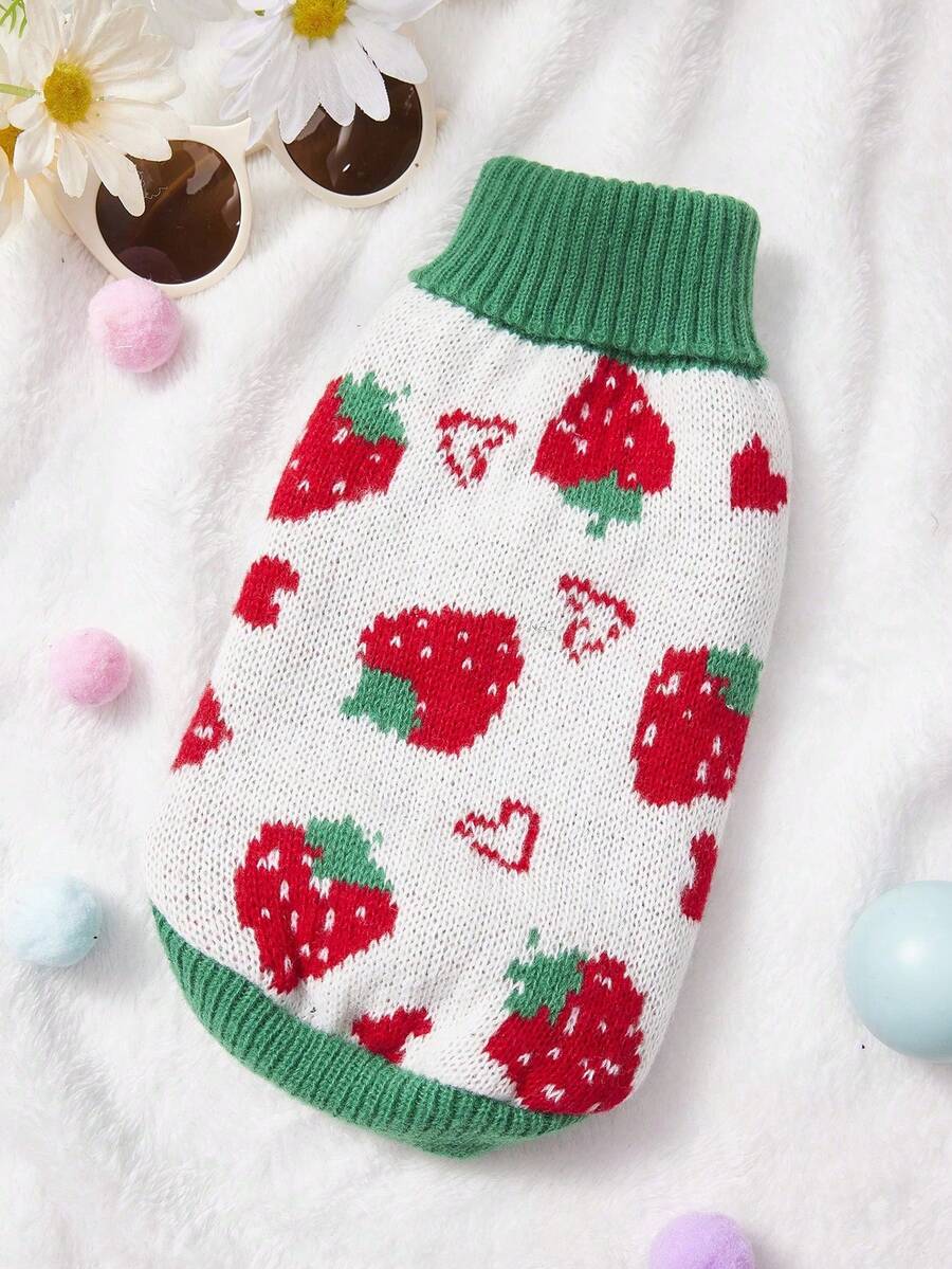 PETSIN 1 Red Strawberry Printed Pet Sweater, Warm Pet Clothing For Cats And Dogs In Winter - Multicolor - View 1