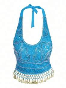Sequin Embroidered Cropped Top Belly Dance Costume, Metal Disk Tassel Fringe Festival Outfit, Party Rave Stage Performance Wear For Women, Multicolor Options - Multicolor - View 16