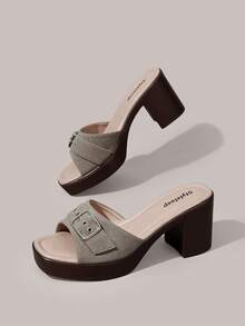 Styleloop Metal Buckle Thick Heel Mules Women, Square Toe High Heel Sandals, Retro Versatile Open-Toed Women's Shoes - Light Grey - View 3