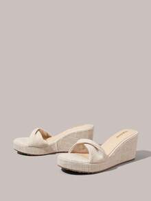 Styleloop Ladies Shoes, Linen Texture, Beige, Open-Toed, Wedge Sandals, Retro Style, Suitable For Summer French Casual Vacation Wear - Beige - View 8