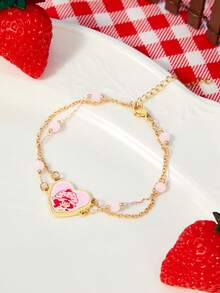 Strawberry Shortcake X SHEIN A Double-Circle Thin Chain Fashionable Girl Bracelet, The Best Option For Gift Giving - Pink - View 2