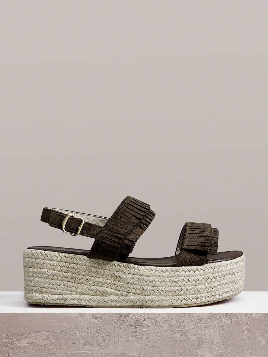 Styleloop Brown Tassel Thick-Soled Muffin Sandals Women's, Hemp-Braided Wedge Heel Buckle With Open-Toed Sandals - Brown - View 1