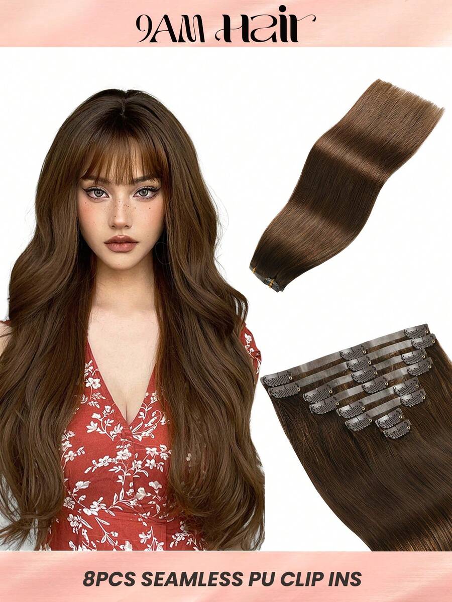 Seamless Clip Ins Extensiones de cabello humano Remy con clips invisibles, 8 piezas, 110g-120g, extensiones de cabello humano con clips en la cabeza completa - S4 - Ver 1