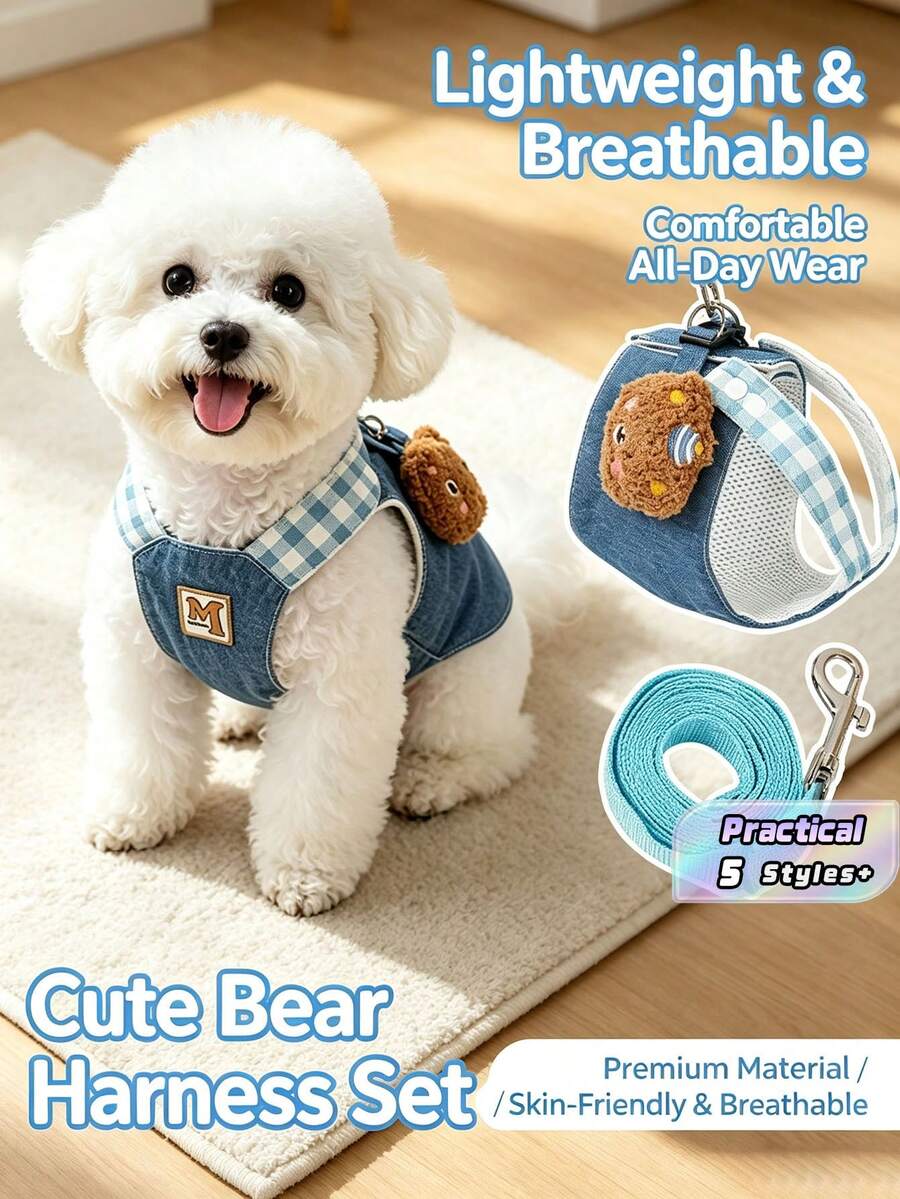 Summer Denim Pet Outfit, Adjustable Harness And Leash Set, Lightweight Breathable Denim Comfortable Pet Walking Clothes,Stylish Pet Costume, Perfect For Daily Strolls, Weekend Trips, Photo Shoots And Outdoor Activities For Small‑Medium Cats And Dogs - Blue - View 1