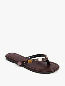 Grefit Ladies' Elegant Summer Brown PU-Faced Flat-Bottomed Slippers - Brown Z - View 9