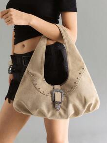 Viva Strut Women's Fashion Simple Personalized Street Sweet Cool Girls Y2K Suede Retro Hardware Buckle Rivet Decorative Shoulder Bag, Daily School Shopping - Khaki - View 2