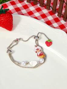Strawberry Shortcake X SHEIN New Creative Cartoon Pattern Printing Bracelet, IP Joint Design, Lovely Personalized, Simple And Generous, Can Also Be Used As Accessories - Platinum - View 1